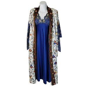 Cabernet Silky Gown Kimono Robe Set PM Blue Cream Embroidered